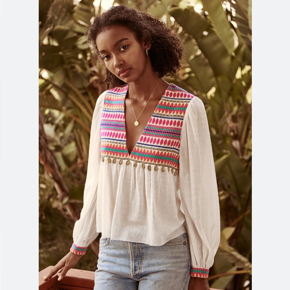 Saylor NYC Clarabelle Top Embroidered Boho Begonia White Pink Multi Size XS